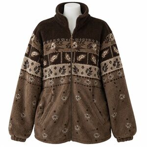 Size XL Vintage Northern Reflections Women’s Fair Isle Fleece Jacket Brown Zip